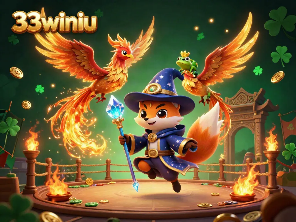 Experience casino magic with 33winiu, featuring a wizard fox and phoenix in a vibrant gambling scene.
