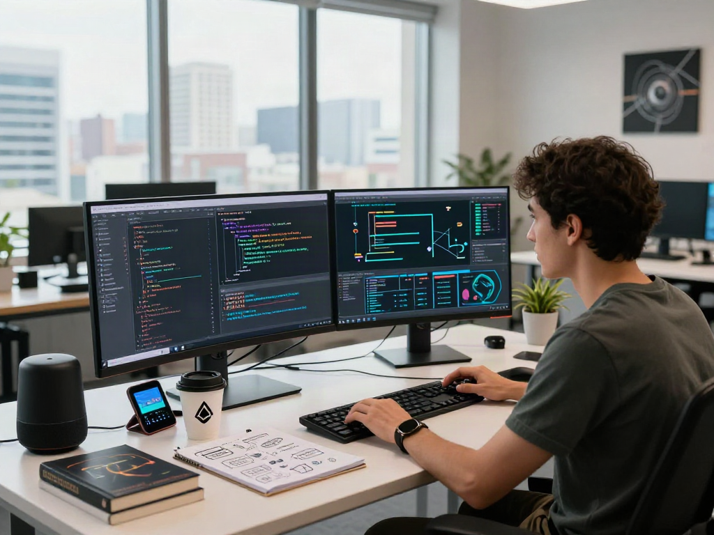 AI agent programming scene in a modern workspace with collaborative tech elements