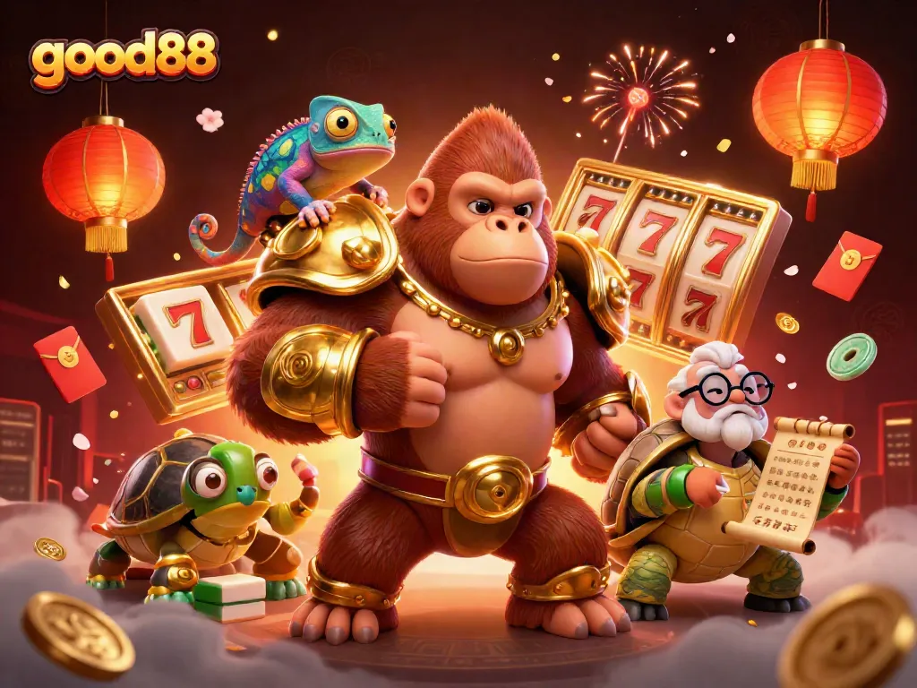 Engaging good88 online casino experience featuring a dynamic 3D gorilla in armor, colorful elements, and exciting gaming symbols.