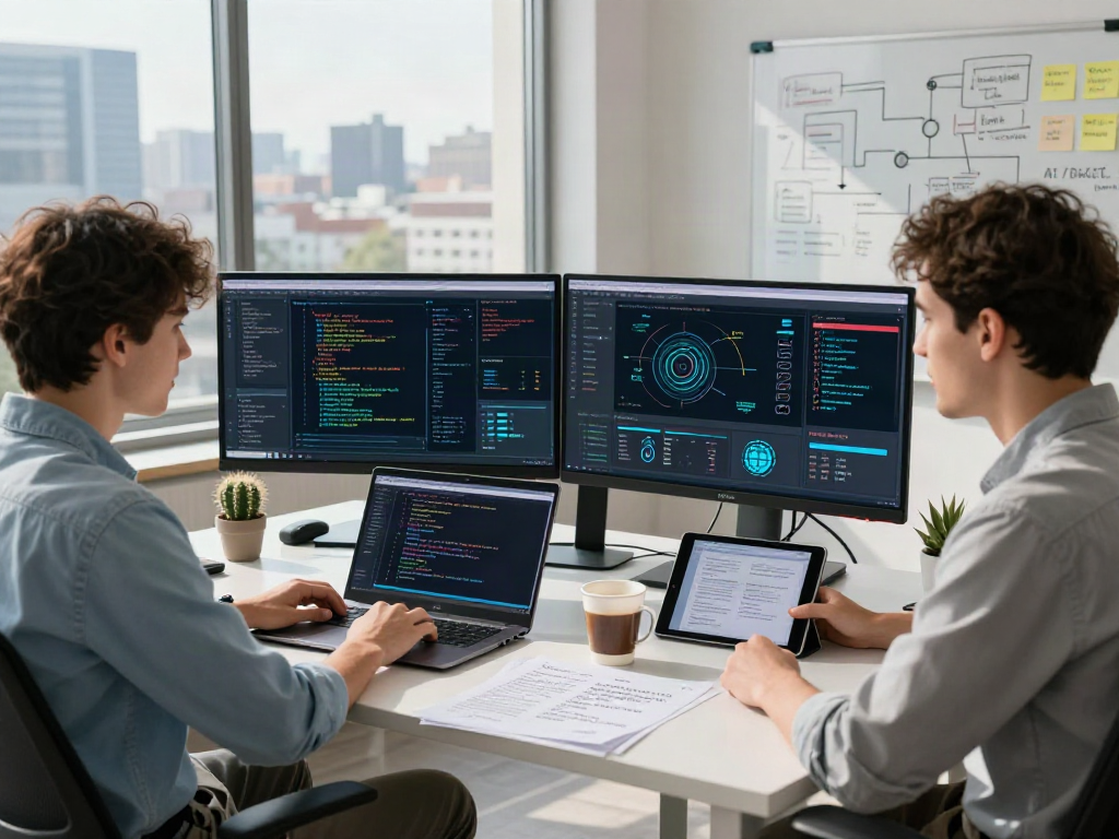 AI Detection workspace with data scientist analyzing algorithms on multiple screens in a vibrant office.