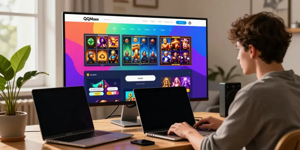 qqmacan login interface displayed on a laptop, showcasing vibrant gaming options for an engaging experience.