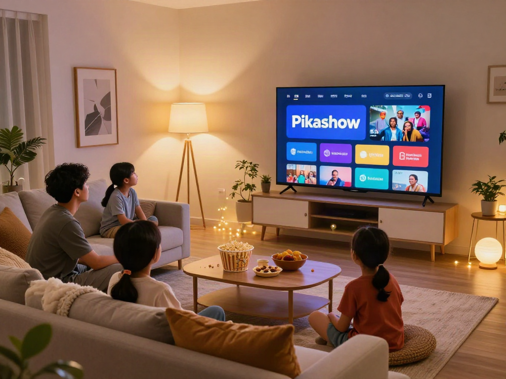 Pikashow logo on a vibrant TV, family enjoying movie night, cozy living room scene