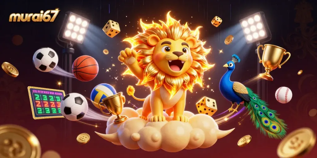 Engage with murai67, a vibrant scene showcasing golden lion and dynamic casino action.