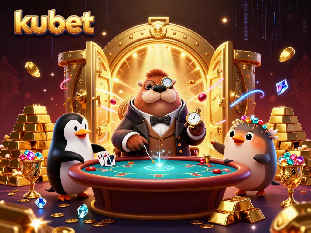 Engage in thrilling kubet poker with a walrus and dealer in a vibrant underwater casino.