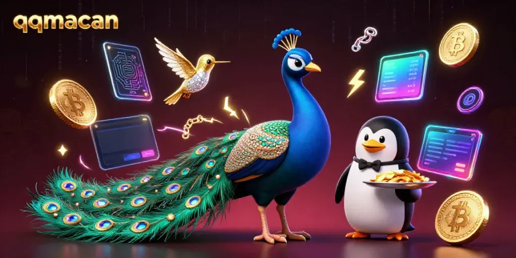 Experience excitement with qqmacan, featuring a vibrant 3D casino scene with colorful characters and crypto elements.