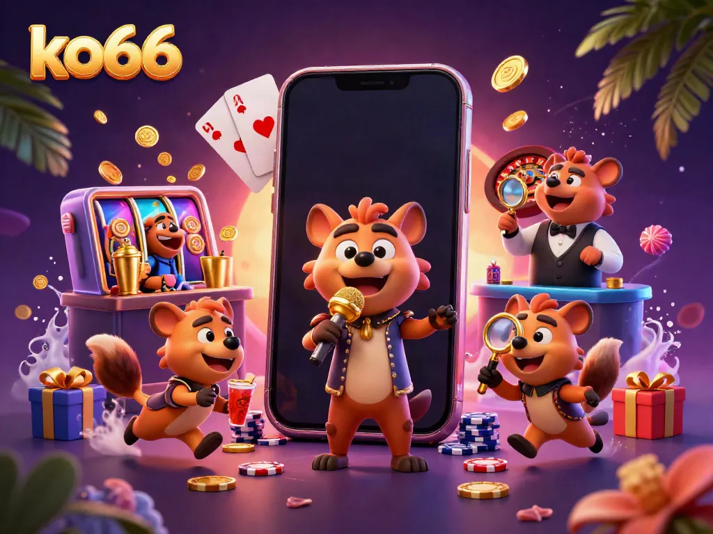 Experience ko66's vibrant casino scene filled with dynamic characters and colorful gaming elements.