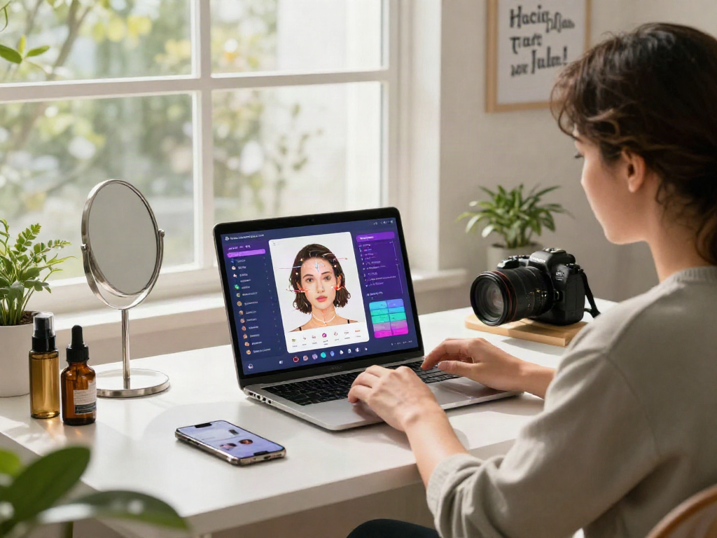 Individual testing attractiveness using AI in a modern workspace, showcasing innovative beauty technology.