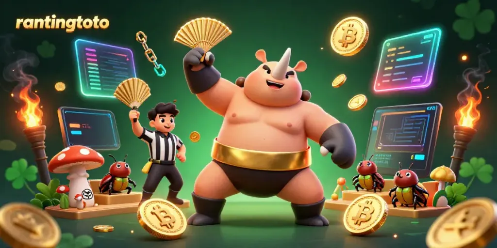 Rantingtoto menampilkan juara sumo badak tanduk dengan koin emas terbang di latar belakang kasino