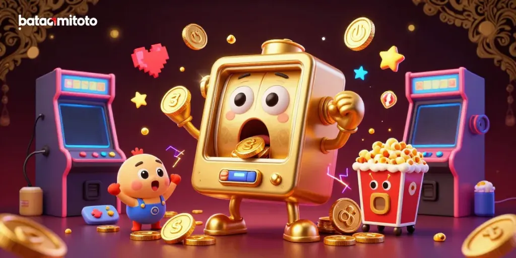 Experience the excitement of batamtoto slots with a cartoon slot machine hitting a jackpot amid vibrant casino elements.