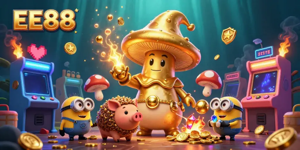 Experience the magic of EE88 with golden treasures and gaming fun in a vibrant casino scene.