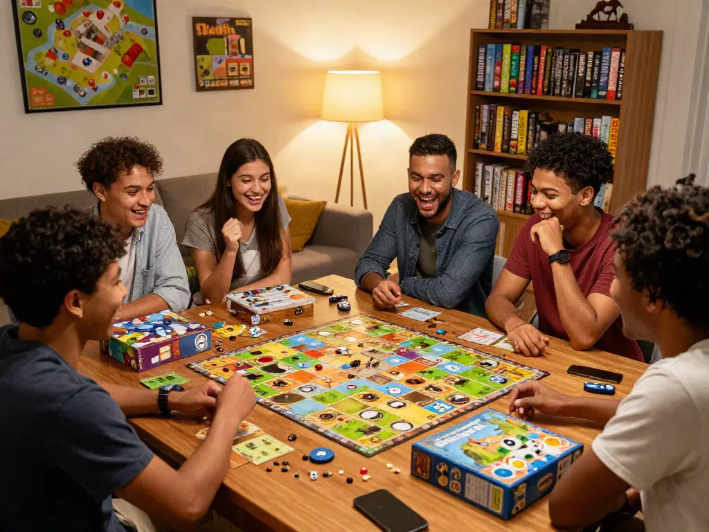 Sildenafil-themed game night with friends enjoying popular board games, vibrant atmosphere, and cozy lighting.