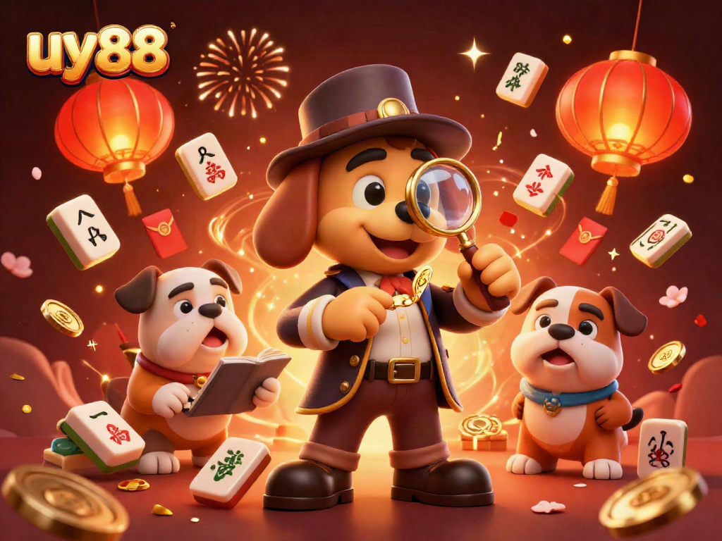 Engage in uy88 online gaming with a whimsical scene showcasing a detective and bulldog searching for treasure.