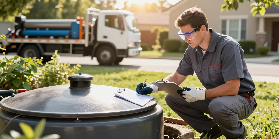 Septic tank pumping IE service technician inspecting a residential septic system with professional tools and safety gear.