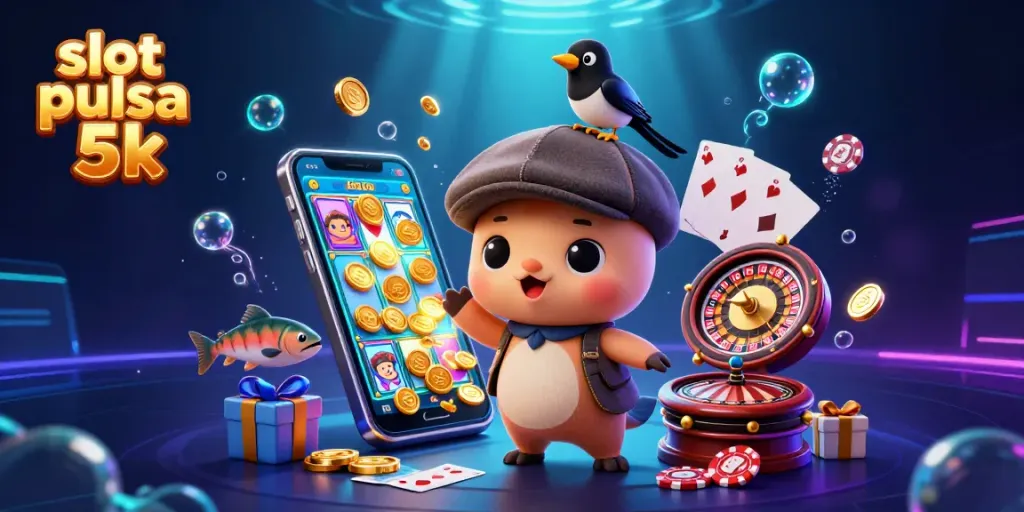 Engage with thrilling slot pulsa 5k action featuring cartoon characters surrounded by vibrant gaming elements