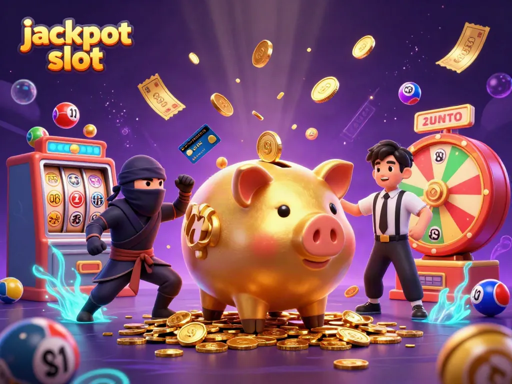 Experience dynamic action in jackpot slot with a golden piggy bank sumo wrestler amidst colorful game elements.