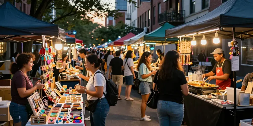 Suasana pasar malam di kota dengan keramaian penjual dan pembeli, menampilkan dewitogel yang menarik.