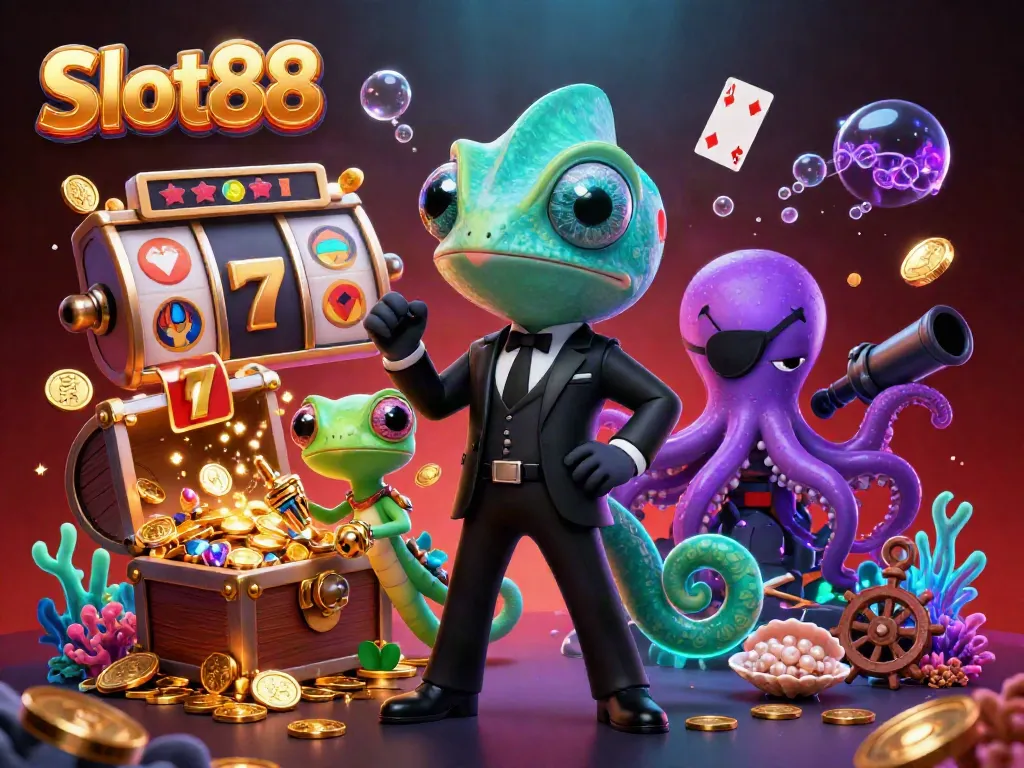 Experience the excitement of Slot88 with a vibrant 3D casino scene featuring colorful game elements and dynamic characters.