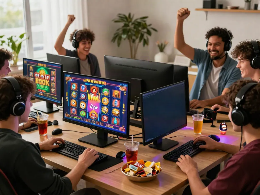 Exciting link slot777 gaming experience with players enjoying vibrant slot games on multiple devices.