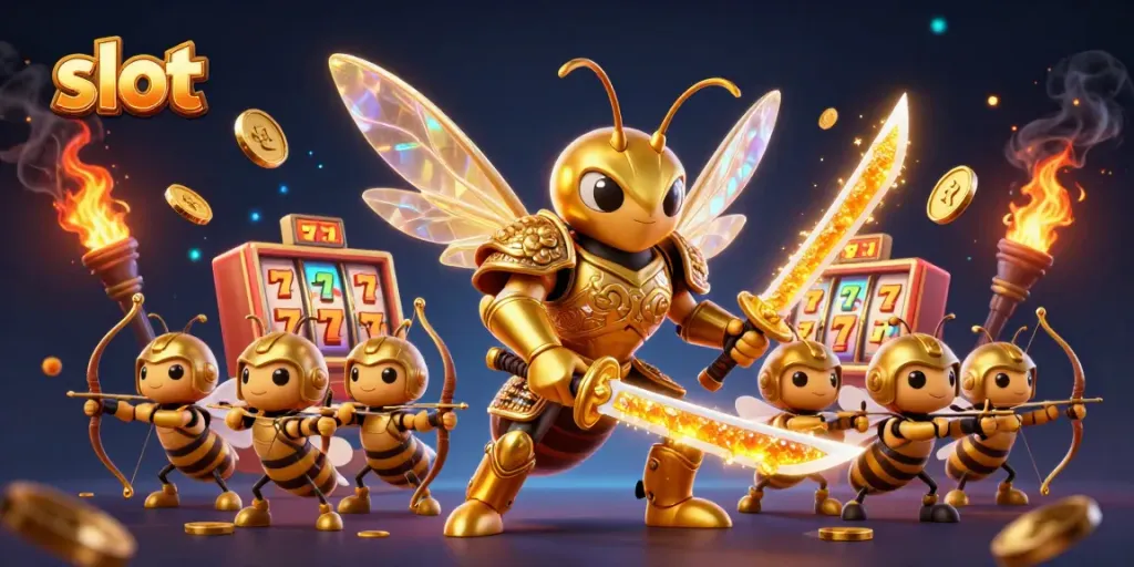 Play the latest slot games with a dynamic scene featuring a golden hornet samurai and vibrant casino elements.