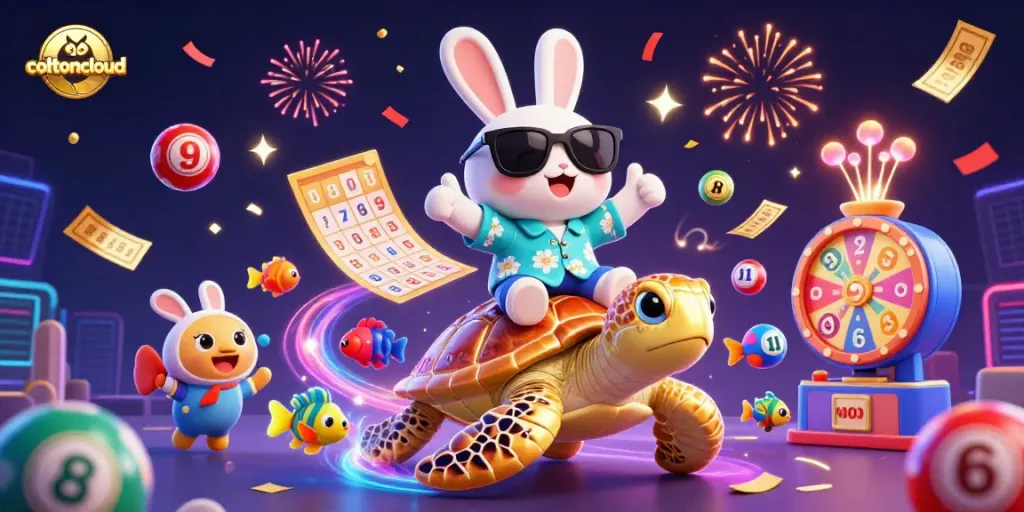 Spin the colorful lottery with cottoncloud's vibrant characters and festive elements.