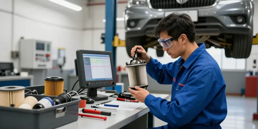Mechaniker prüft die DPF-Regeneration in einer Werkstatt mit Fahrzeug und Werkzeugen.