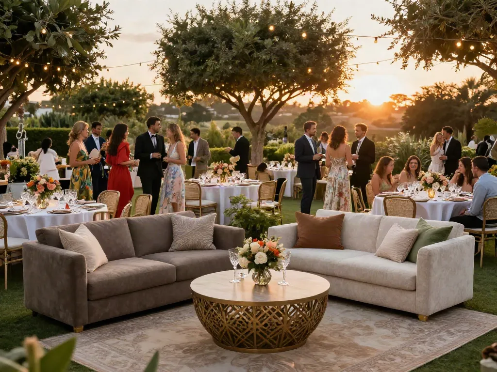 Event furniture rental setup showcasing elegant lounge areas and dining spaces for outdoor events.