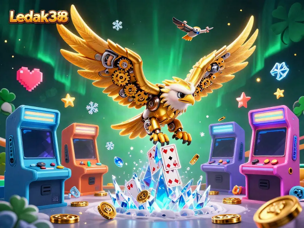 Experience Ledak388's thrilling gaming world with a 3D illustration featuring a cybernetic golden eagle and arcade elements.