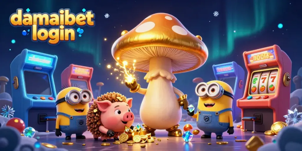 Experience the magic of damaibet login with a whimsical casino scene featuring unique characters and vibrant gaming elements.