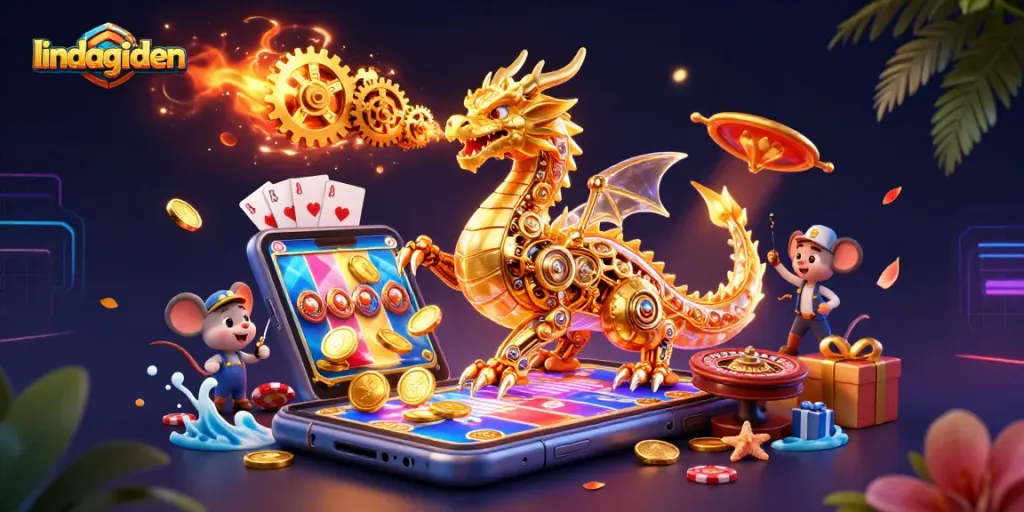 Experience thrilling gambling excitement with lindagilden, featuring a dynamic dragon and engaging game elements.