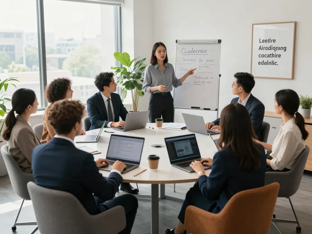 Dynamic PedroVazPaulo Executive Coaching session with executives collaborating on leadership strategies in a modern office.