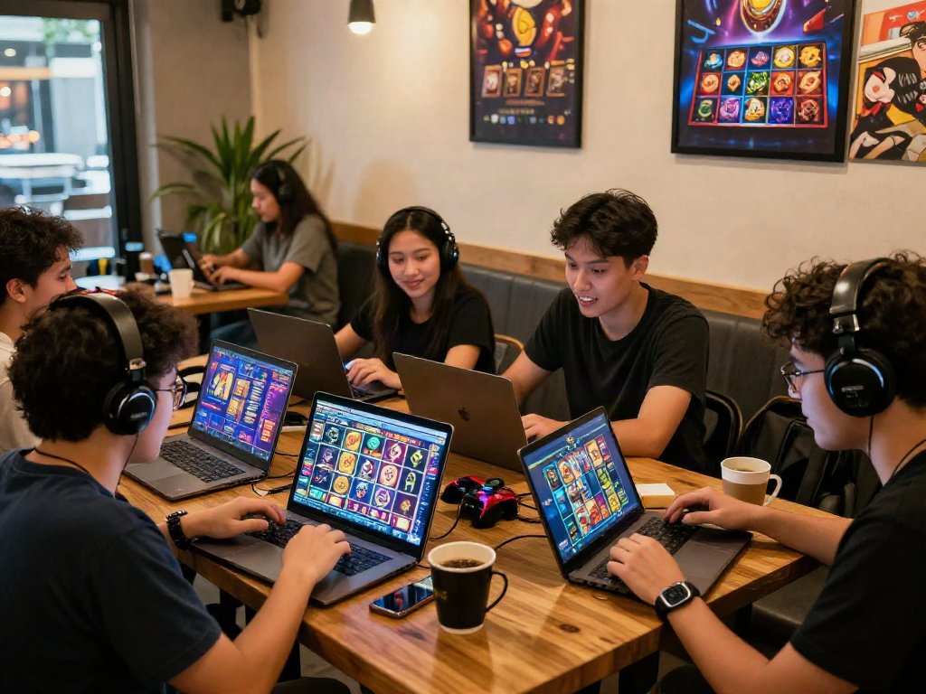 Players enjoying slot online gacor games on tablets and laptops at a café.