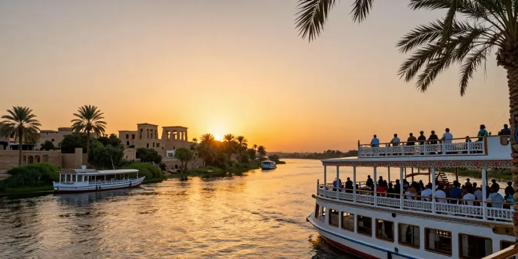 Travelers enjoying Egypt Nile Cruises on a luxurious boat with sunset backdrop.