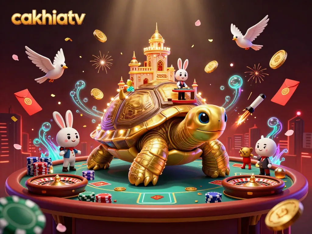 Cakhiatv casino promo featuring a golden tortoise with a casino palace and dynamic gaming elements.