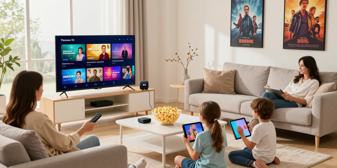 Gezellige woonkamer met gezin die samen IPTV abonnementen streamen in 4K-kwaliteit.