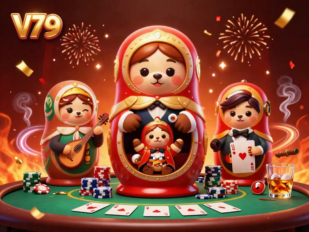 Engage with V79's vibrant casino atmosphere featuring a Matryoshka bear, poker elements, and celebratory effects.