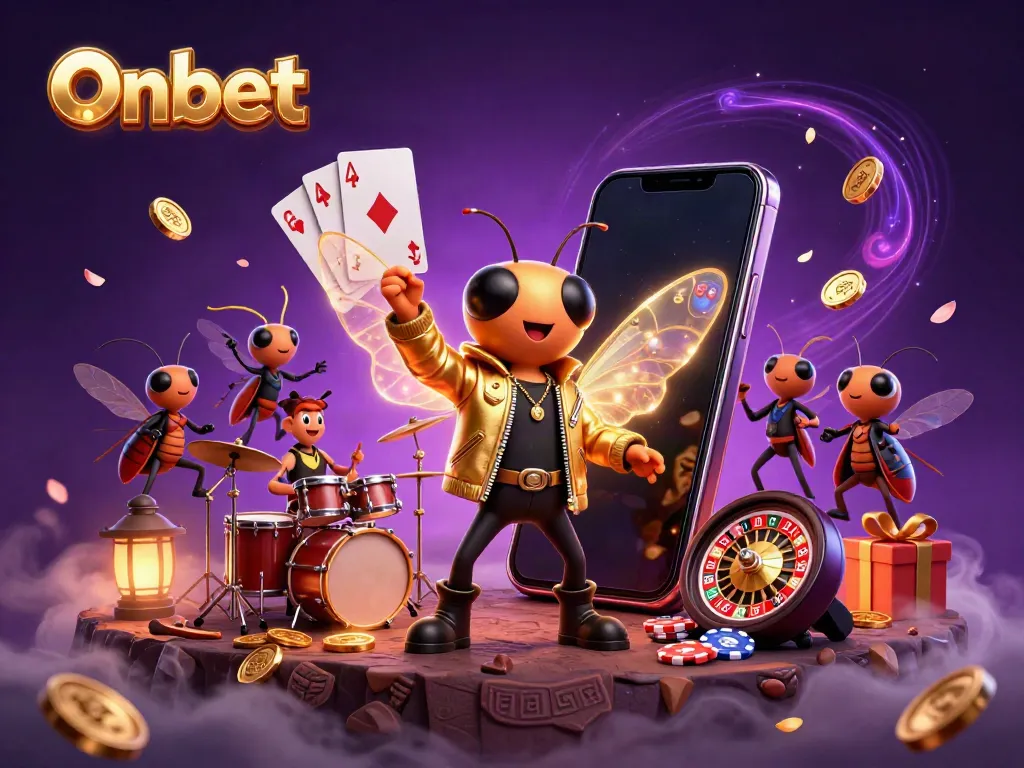 Experience excitement with Onbet's vibrant 3D casino scene featuring rock star characters and dynamic gaming elements.