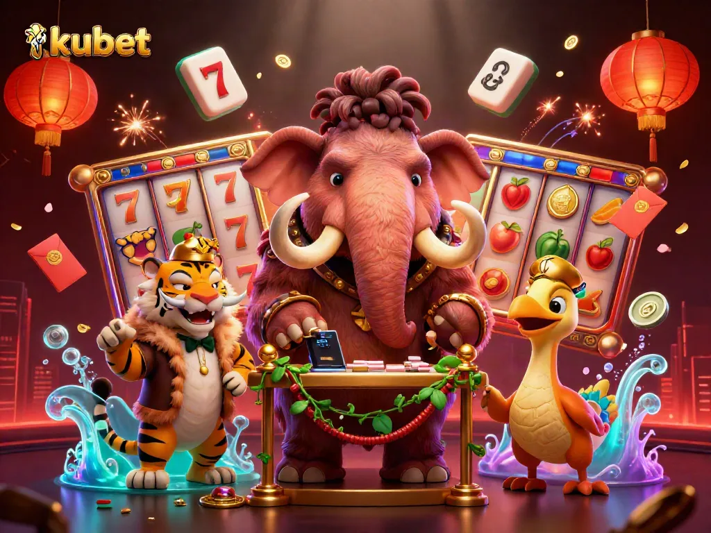Experience kubet with thrilling slot games in a vibrant 3D casino scene featuring playful characters.