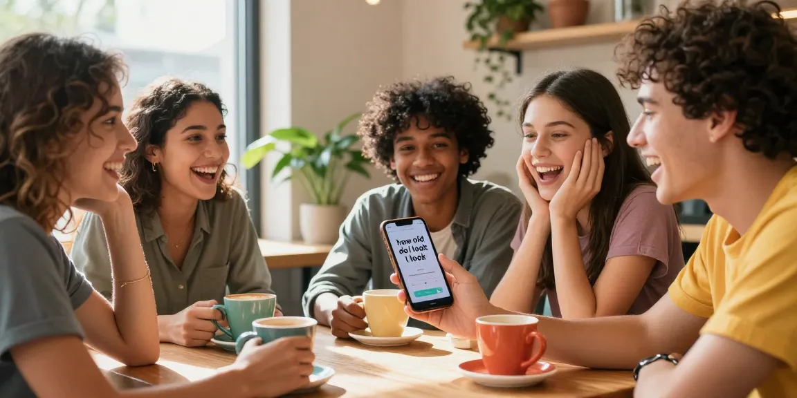 Group of friends using a "how old do I look" app in a café, showcasing fun and interaction.