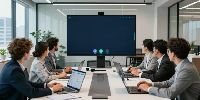 Deepfake-protected meetings in a modern office, showcasing diverse professionals collaborating on video security.