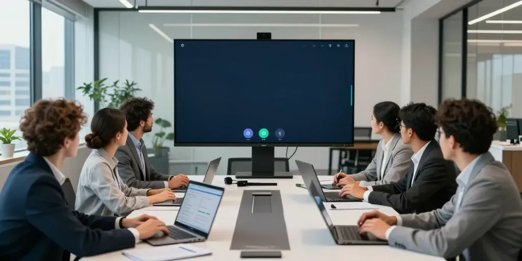 Deepfake-protected meetings in a modern office, showcasing diverse professionals collaborating on video security.