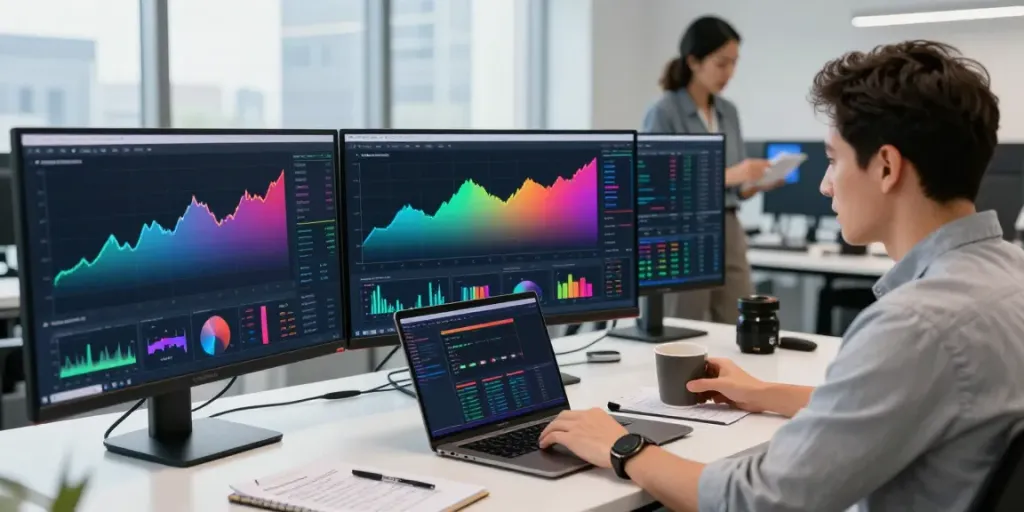Trader using TradingView on multiple screens in a vibrant office environment for effective market analysis.