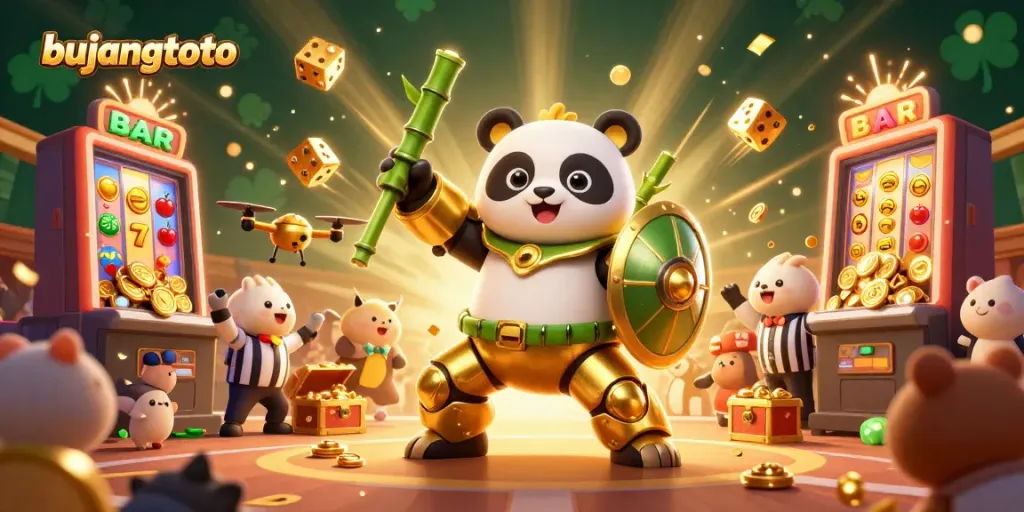 Bujangtoto showcases winning energy with a golden panda in a mech-suit surrounded by slot machine excitement.