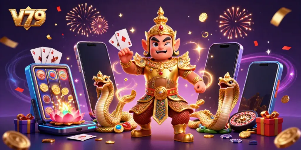Experience the excitement of V79 with vibrant gambling elements and a dynamic guardian scene.