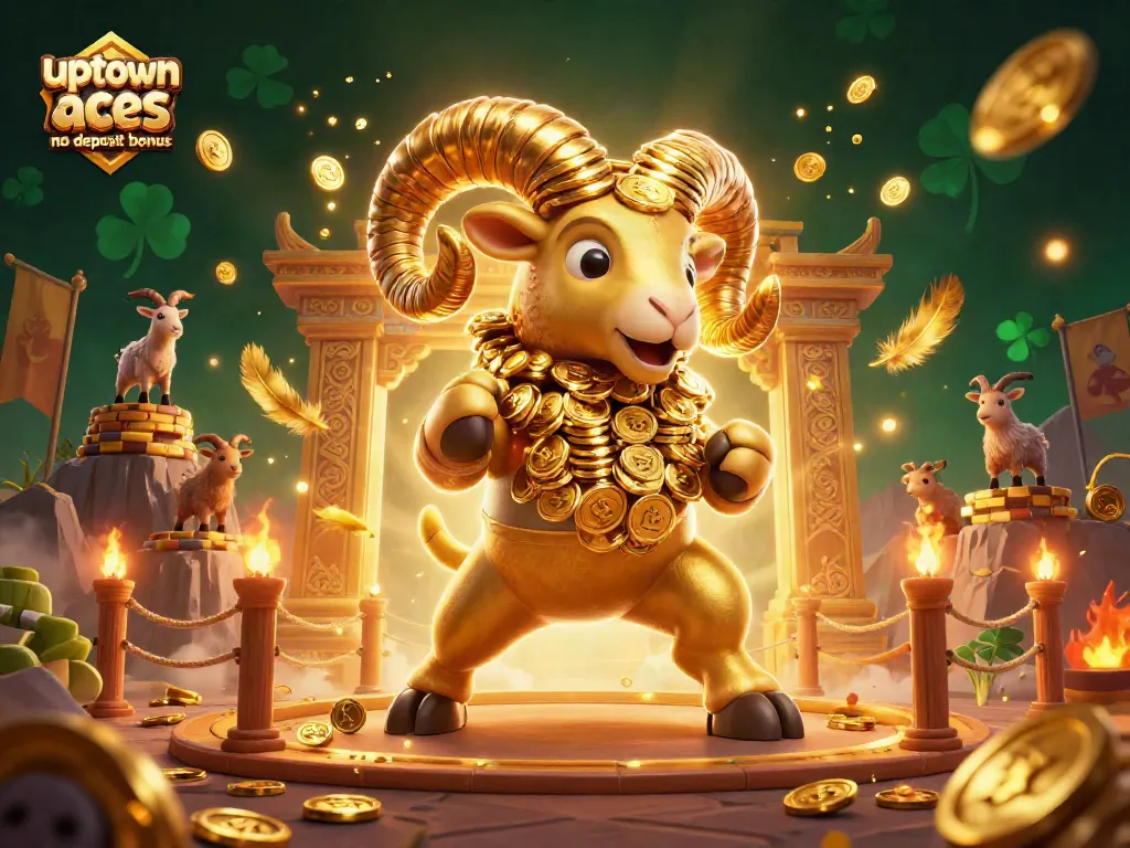 Experience the thrill of uptown aces no deposit bonus with a golden ram charging through a vibrant casino scene filled with excitement.