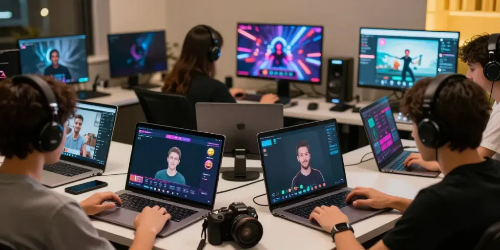 Dynamic user engagement scene showing CIKA4D digital community interaction, colorful interfaces, and lively chat.