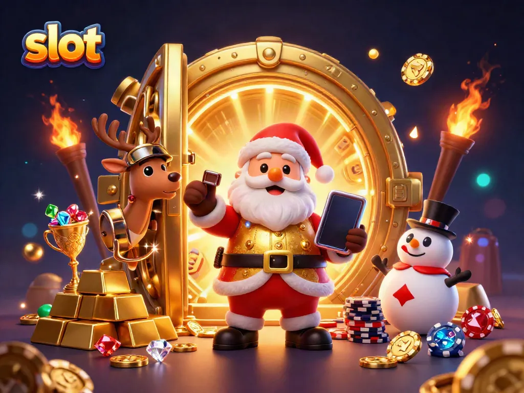 Slot jackpot menunjukkan Santa Claus dan teman-temannya di kasino berkilau.