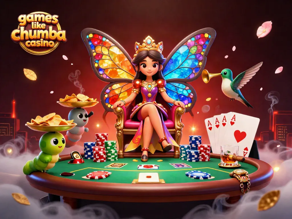 Engage with games like Chumba Casino in a colorful, dynamic casino scene featuring vibrant characters.