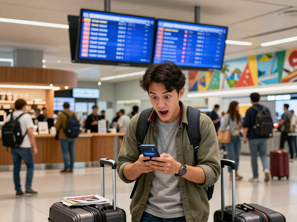 eSIM לחול - נוסע בשדה תעופה עם אפליקציית eSIM פתוחה בטלפון הנייד שלו