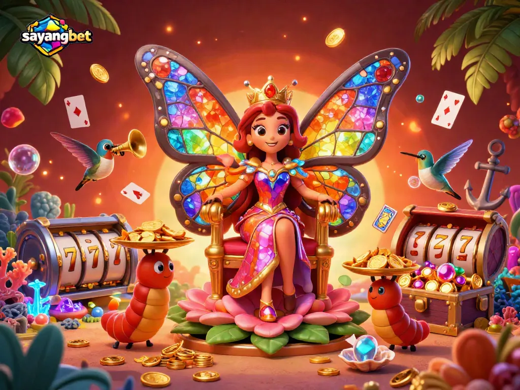 Engage with the thrilling world of sayangbet through a vibrant 3D illustration featuring a butterfly queen and gambling treasures.