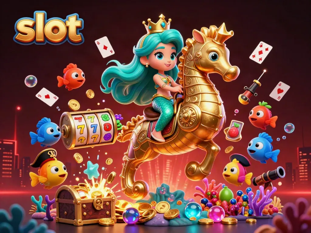 Engage in exciting slot adventures with a mermaid and seahorse in this vibrant 3D casino scene.